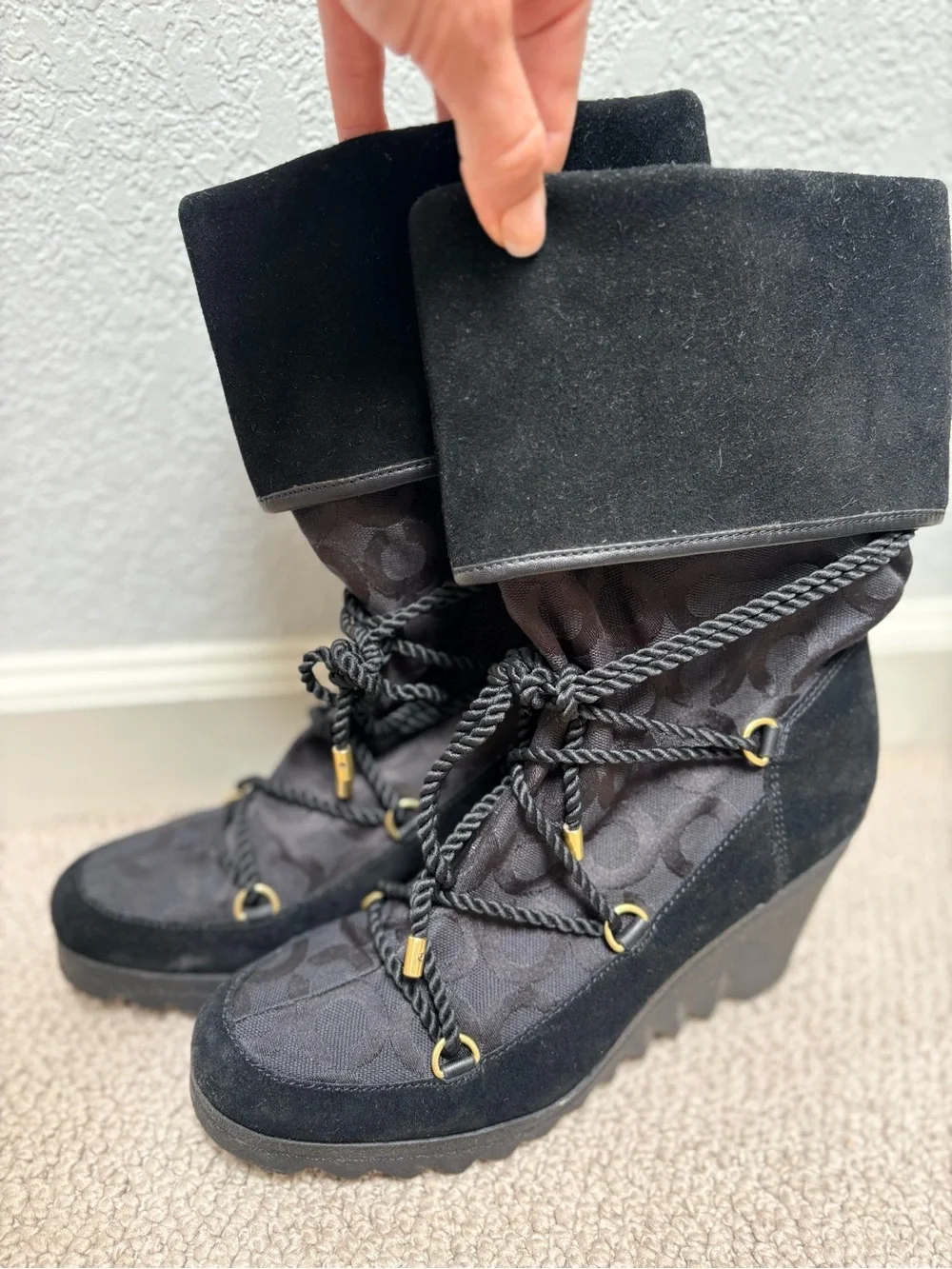 COACH Women's Black Wedge Lace-Up Winter Boots